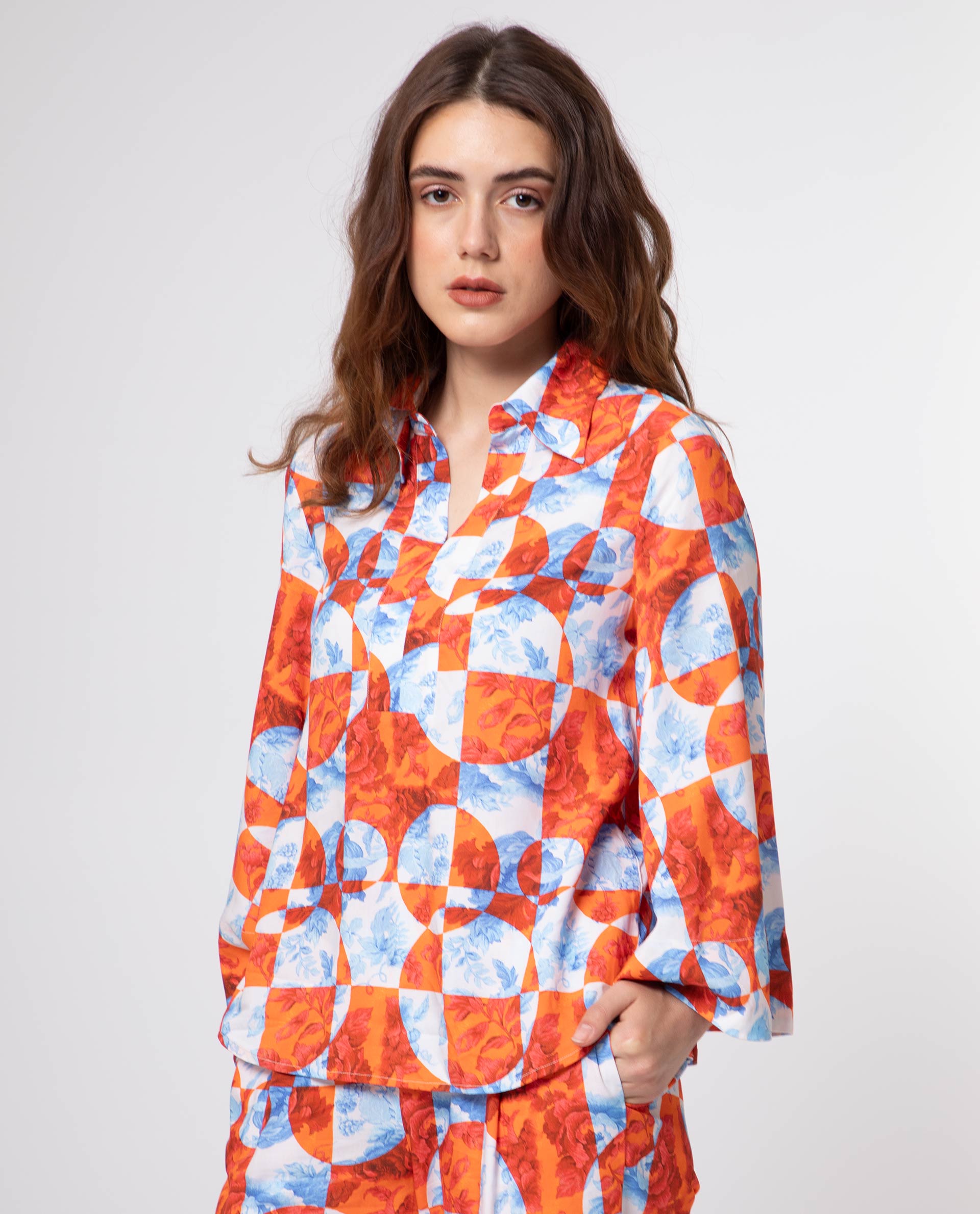 Rareism Women Crawford Orange Viscose Fabric 3/4Th Sleeves Shirt Collar Flared Sleeve Regular Fit Floral Print Top