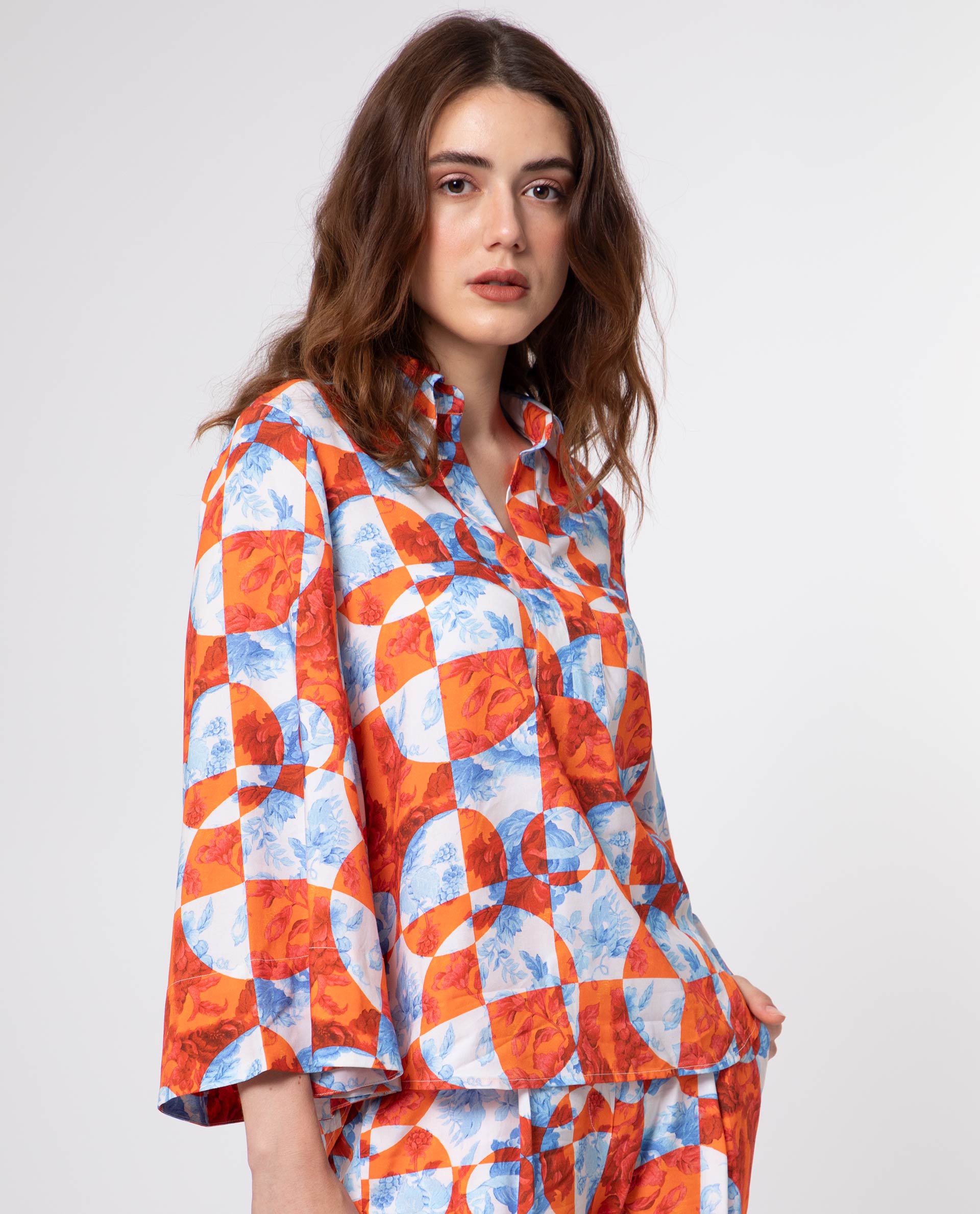 Rareism Women Crawford Orange Viscose Fabric 3/4Th Sleeves Shirt Collar Flared Sleeve Regular Fit Floral Print Top