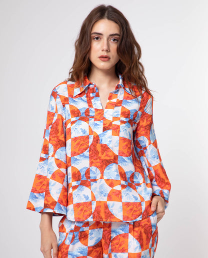 Rareism Women Crawford Orange Viscose Fabric 3/4Th Sleeves Shirt Collar Flared Sleeve Regular Fit Floral Print Top