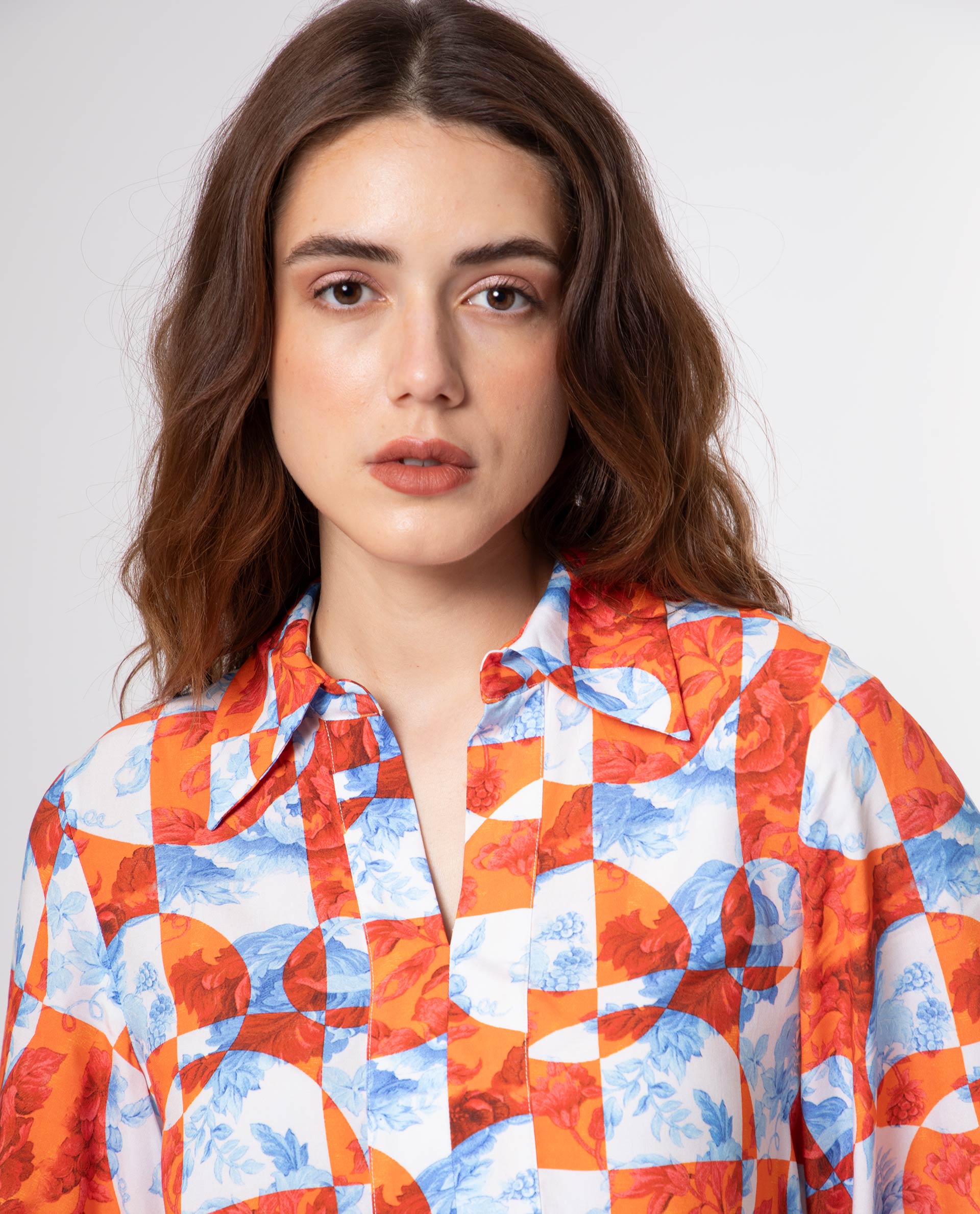 Rareism Women Crawford Orange Viscose Fabric 3/4Th Sleeves Shirt Collar Flared Sleeve Regular Fit Floral Print Top