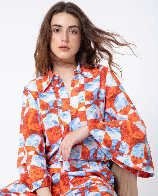 Rareism Women Crawford Orange Viscose Fabric 3/4Th Sleeves Shirt Collar Flared Sleeve Regular Fit Floral Print Top