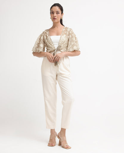 Rareism Women Crotone Light Beige Ruffled Sleeves Collarless Relaxed Fit Geometric Print Cropped Top