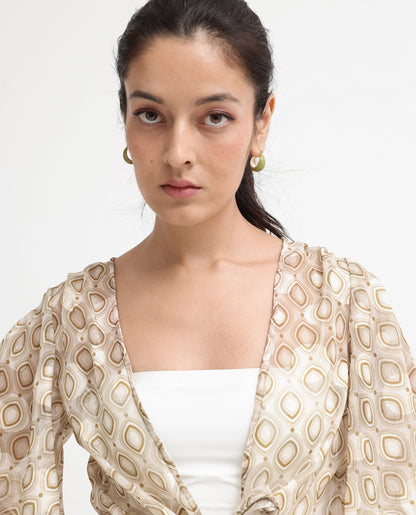 Rareism Women Crotone Light Beige Ruffled Sleeves Collarless Relaxed Fit Geometric Print Cropped Top