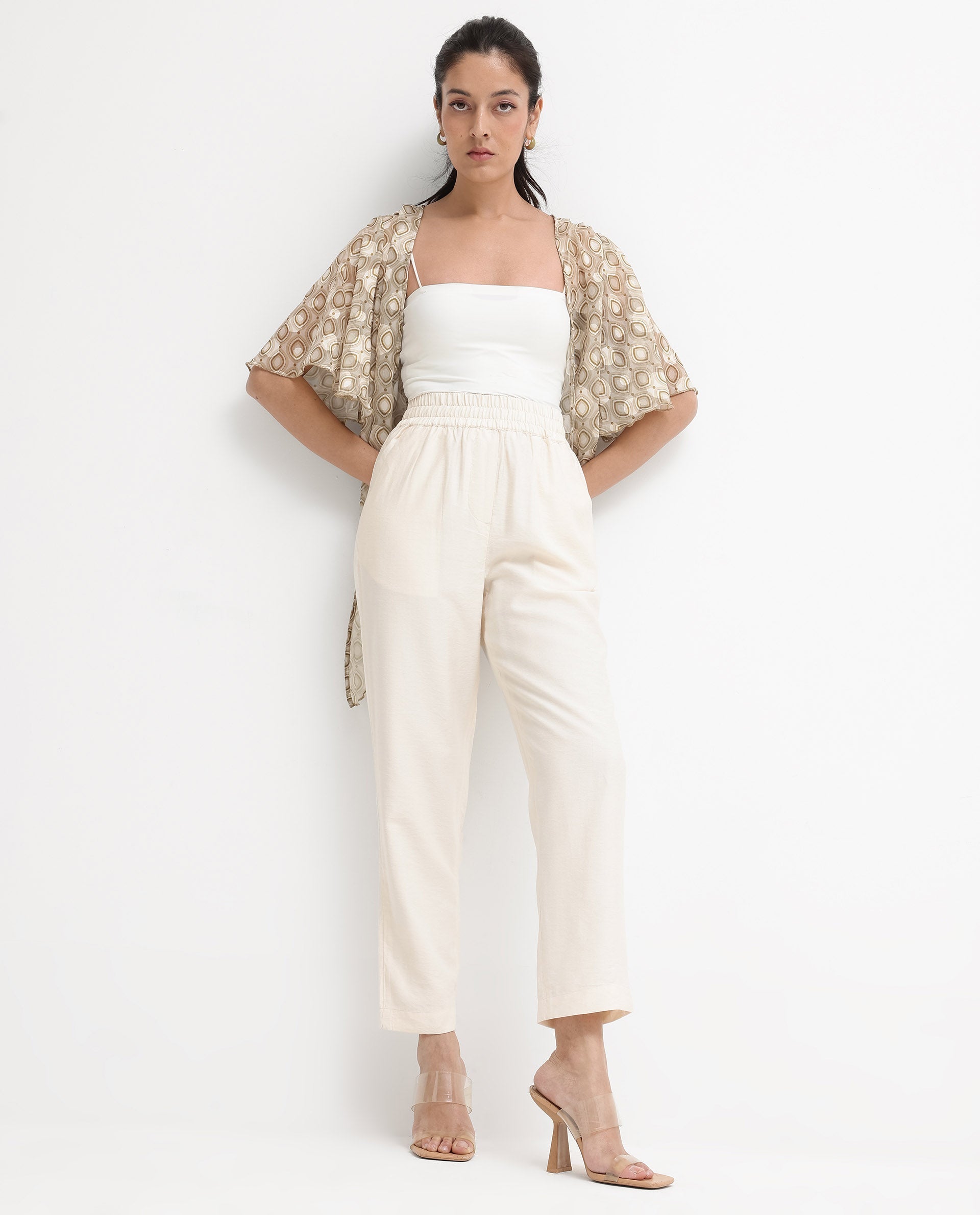 Rareism Women Crotone Light Beige Ruffled Sleeves Collarless Relaxed Fit Geometric Print Cropped Top