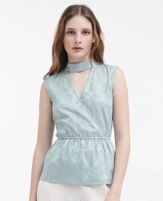 Rareism Women Cupid Light Blue Polyester Fabric Sleeveless Cut Away Collar Textured Top