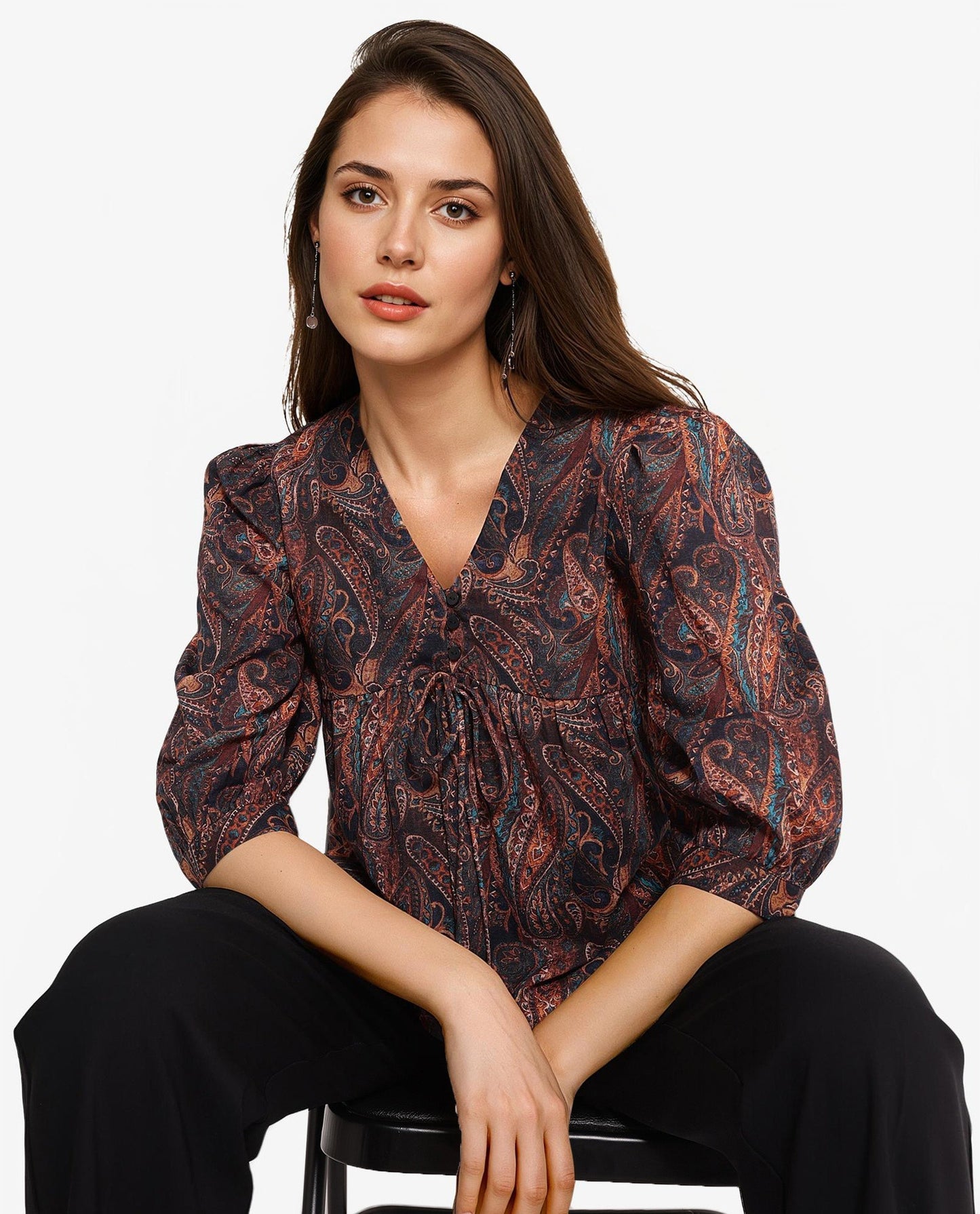 Rareism Women Cyak Multi Puff Sleeves V-Neck Button Paisley Print Top