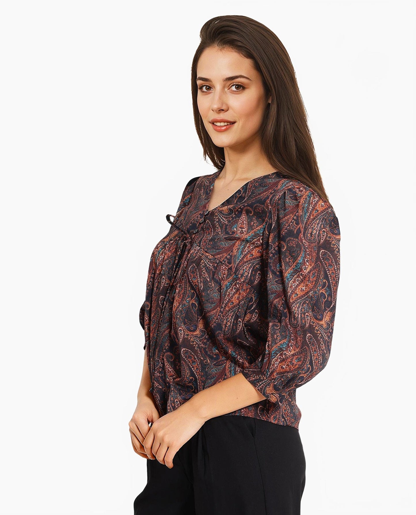 Rareism Women Cyak Multi Puff Sleeves V-Neck Button Paisley Print Top