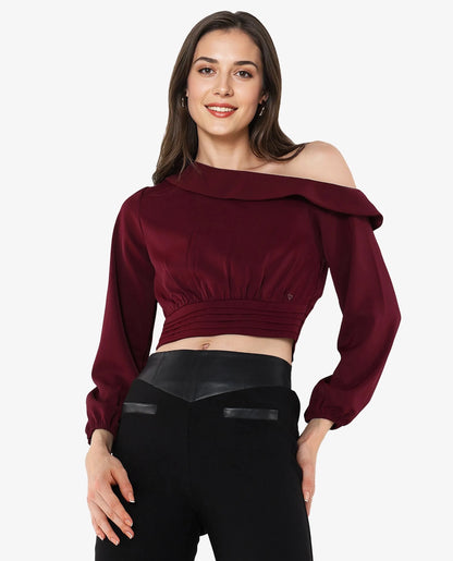 Rareism Women Darople Red Satin Bishop Sleeve One Shoulder Zipper Closure  Crop Plain Top