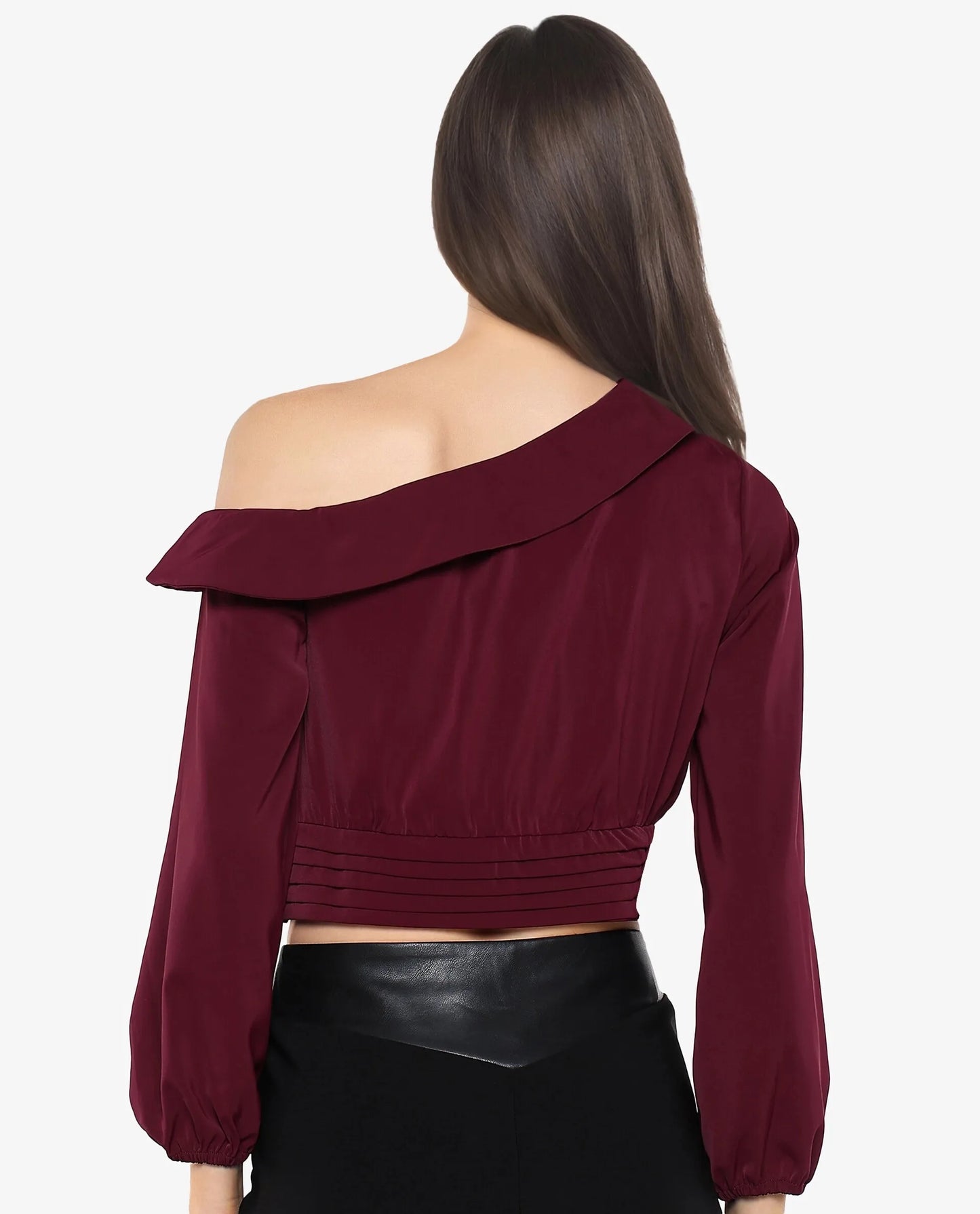 Rareism Women Darople Red Satin Bishop Sleeve One Shoulder Zipper Closure  Crop Plain Top