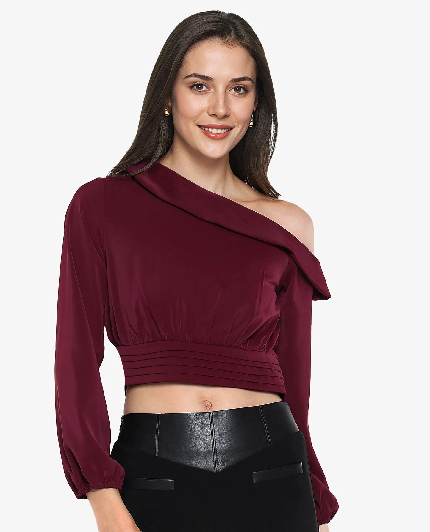 Rareism Women Darople Red Satin Bishop Sleeve One Shoulder Zipper Closure  Crop Plain Top