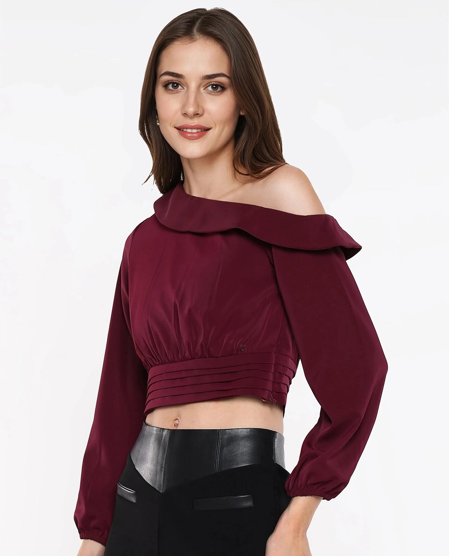 Rareism Women Darople Red Satin Bishop Sleeve One Shoulder Zipper Closure  Crop Plain Top