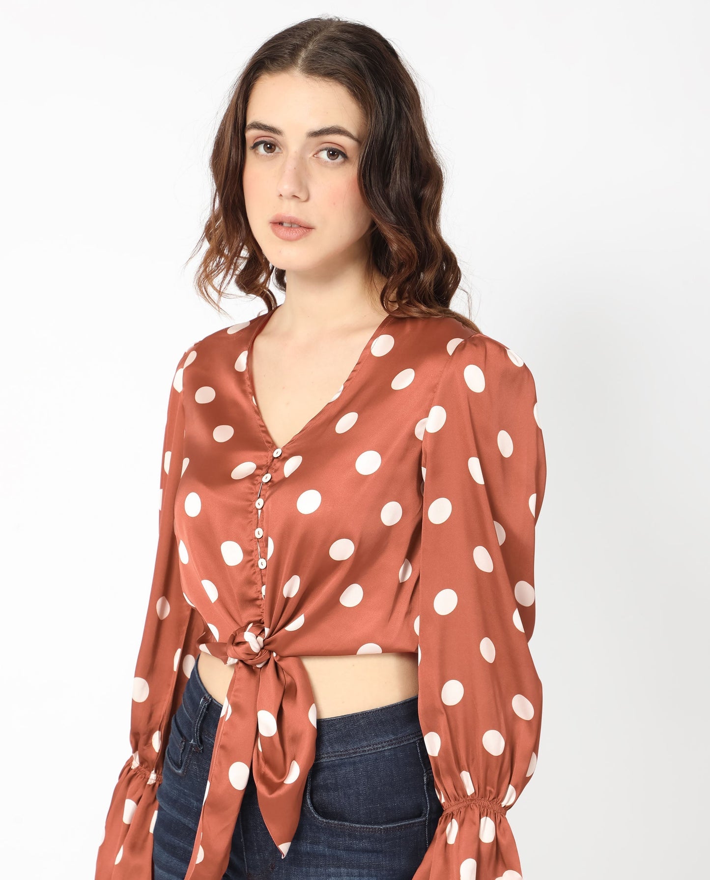 Rareism Women Darty Brown Polyester Fabric Full Sleeves Button Closure V-Neck Balloon Sleeve Regular Fit Polka Cropped Top