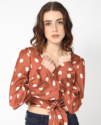 Rareism Women Darty Brown Polyester Fabric Full Sleeves Button Closure V-Neck Balloon Sleeve Regular Fit Polka Cropped Top