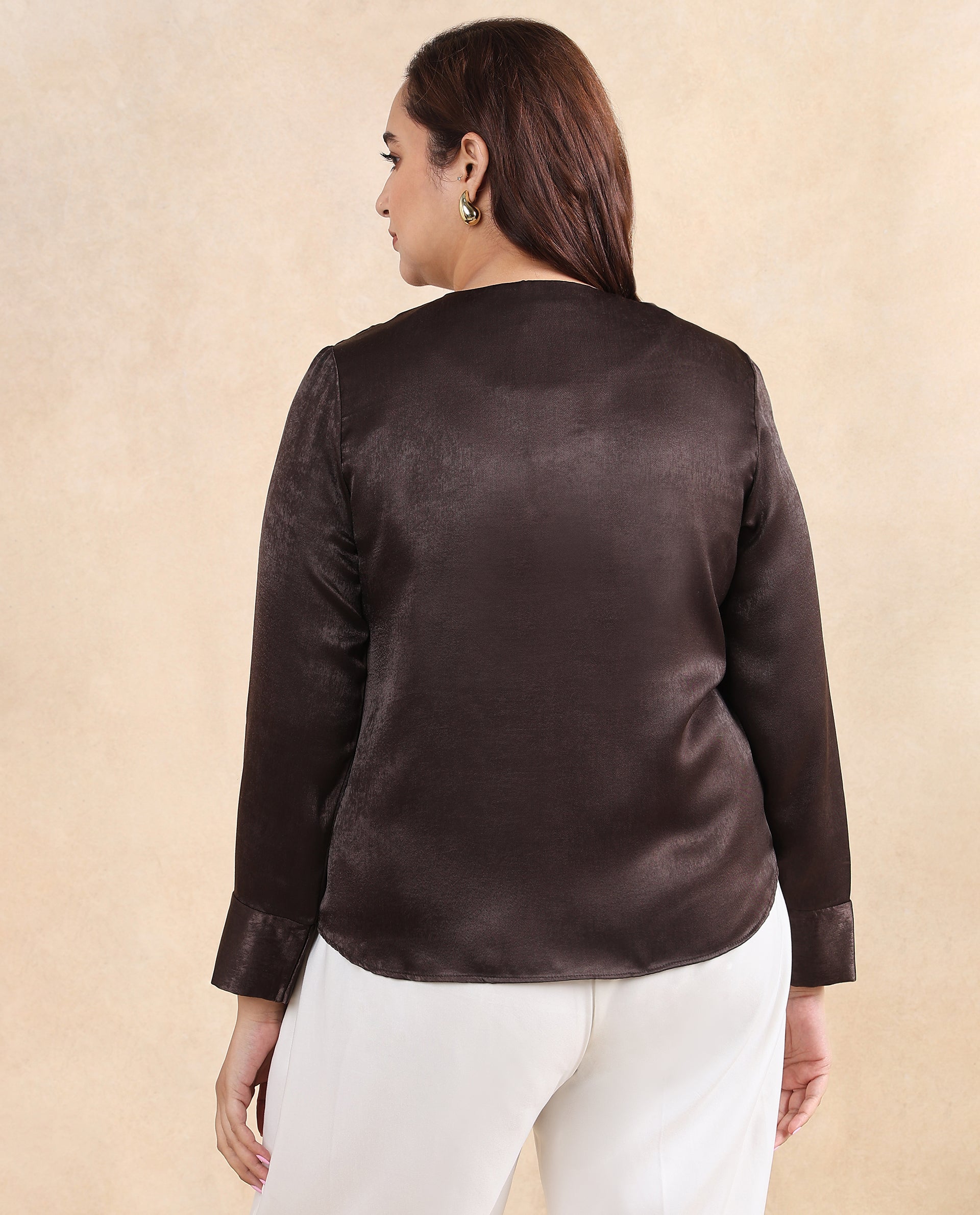 Rareism Women Daxzo Brown Velvet Regular Sleeves Round Neck Button Closure Relaxed Fit Plain Top