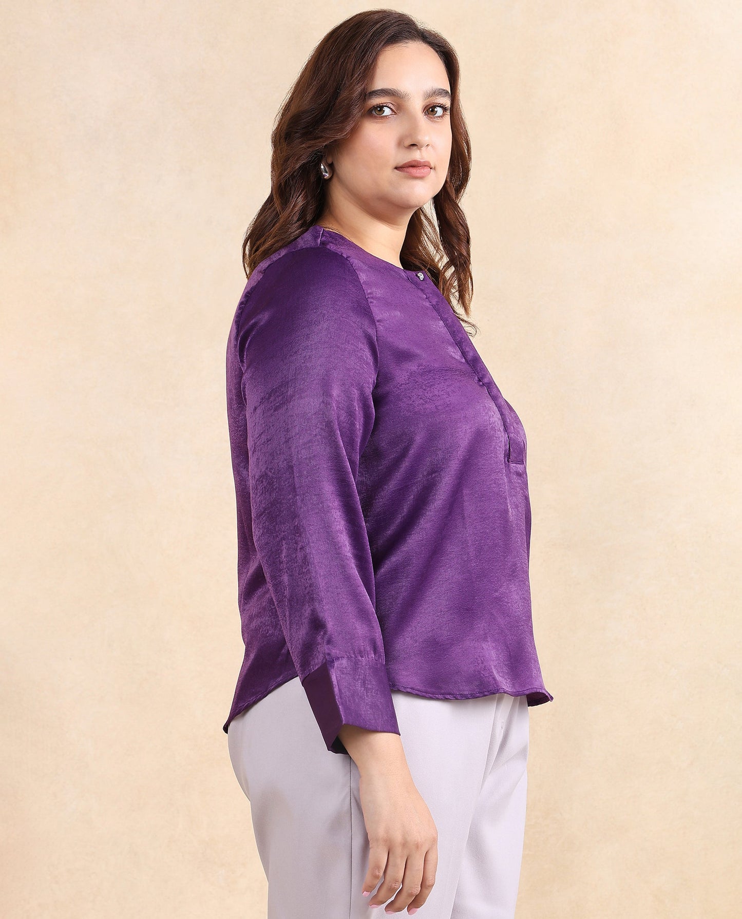 Rareism Women Daxzo Purple Velvet Regular Sleeves Round Neck Button Closure Relaxed Fit Plain Top