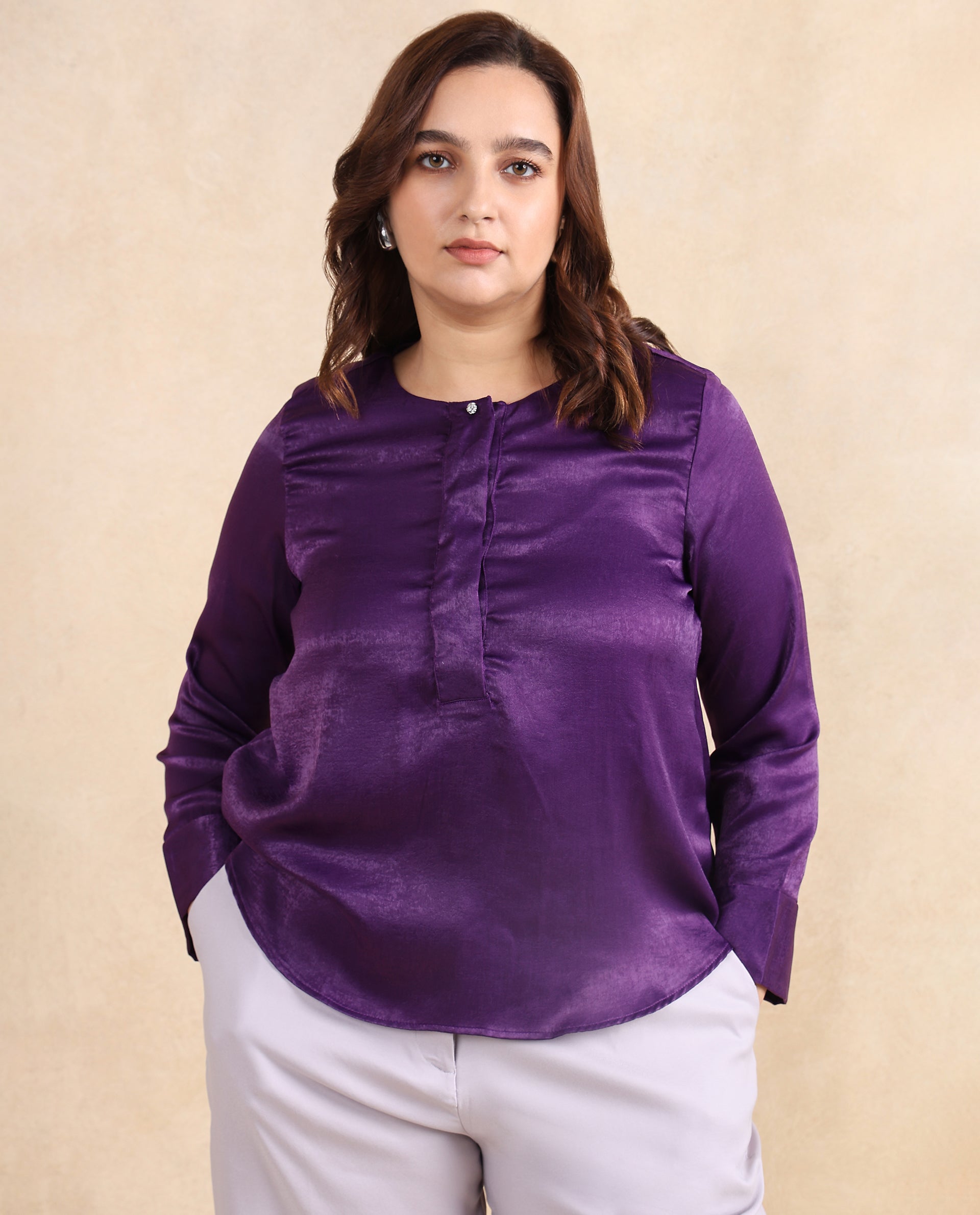 Rareism Women Daxzo Purple Velvet Regular Sleeves Round Neck Button Closure Relaxed Fit Plain Top