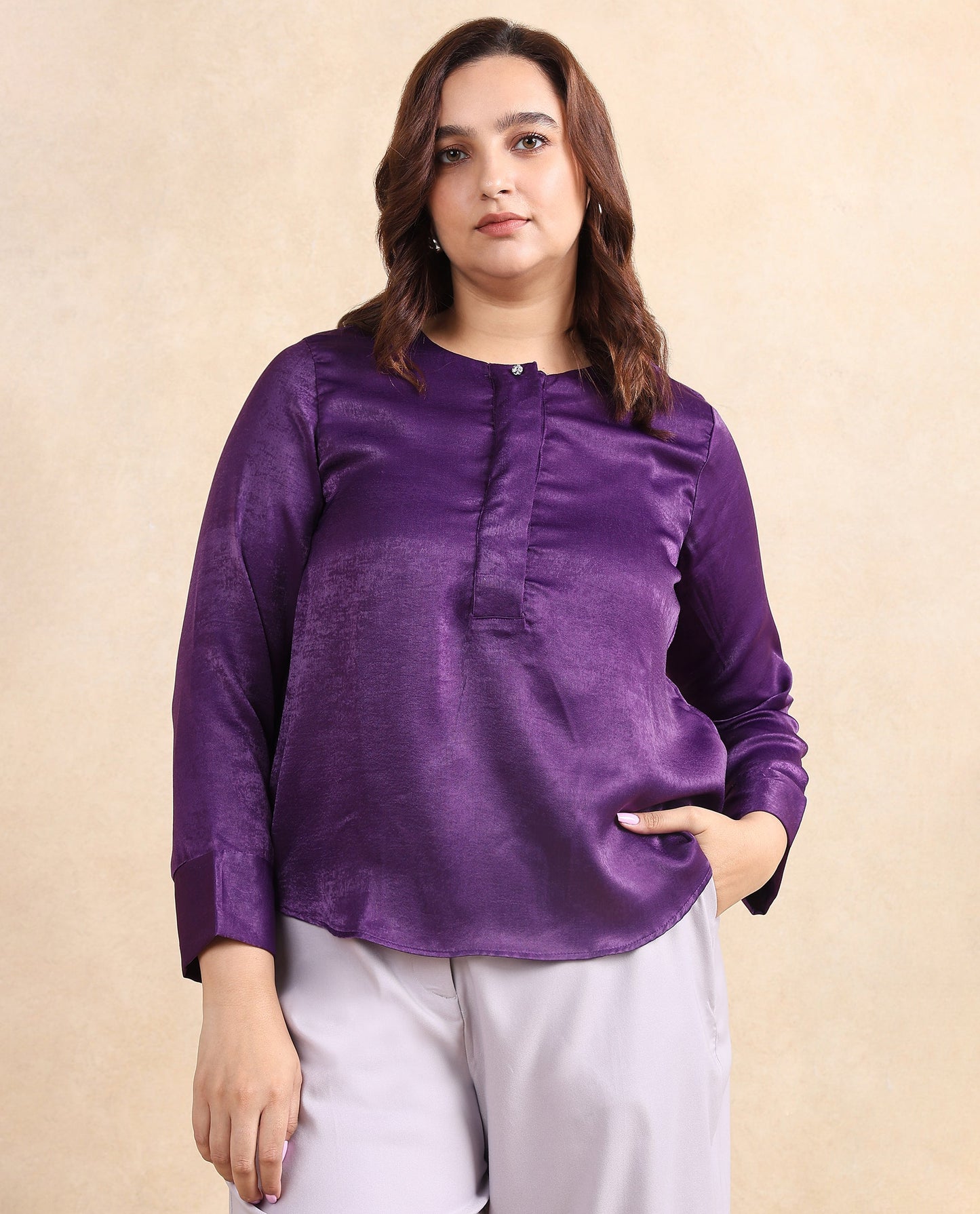 Rareism Women Daxzo Purple Velvet Regular Sleeves Round Neck Button Closure Relaxed Fit Plain Top