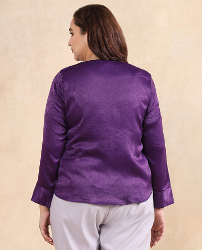 Rareism Women Daxzo Purple Velvet Regular Sleeves Round Neck Button Closure Relaxed Fit Plain Top