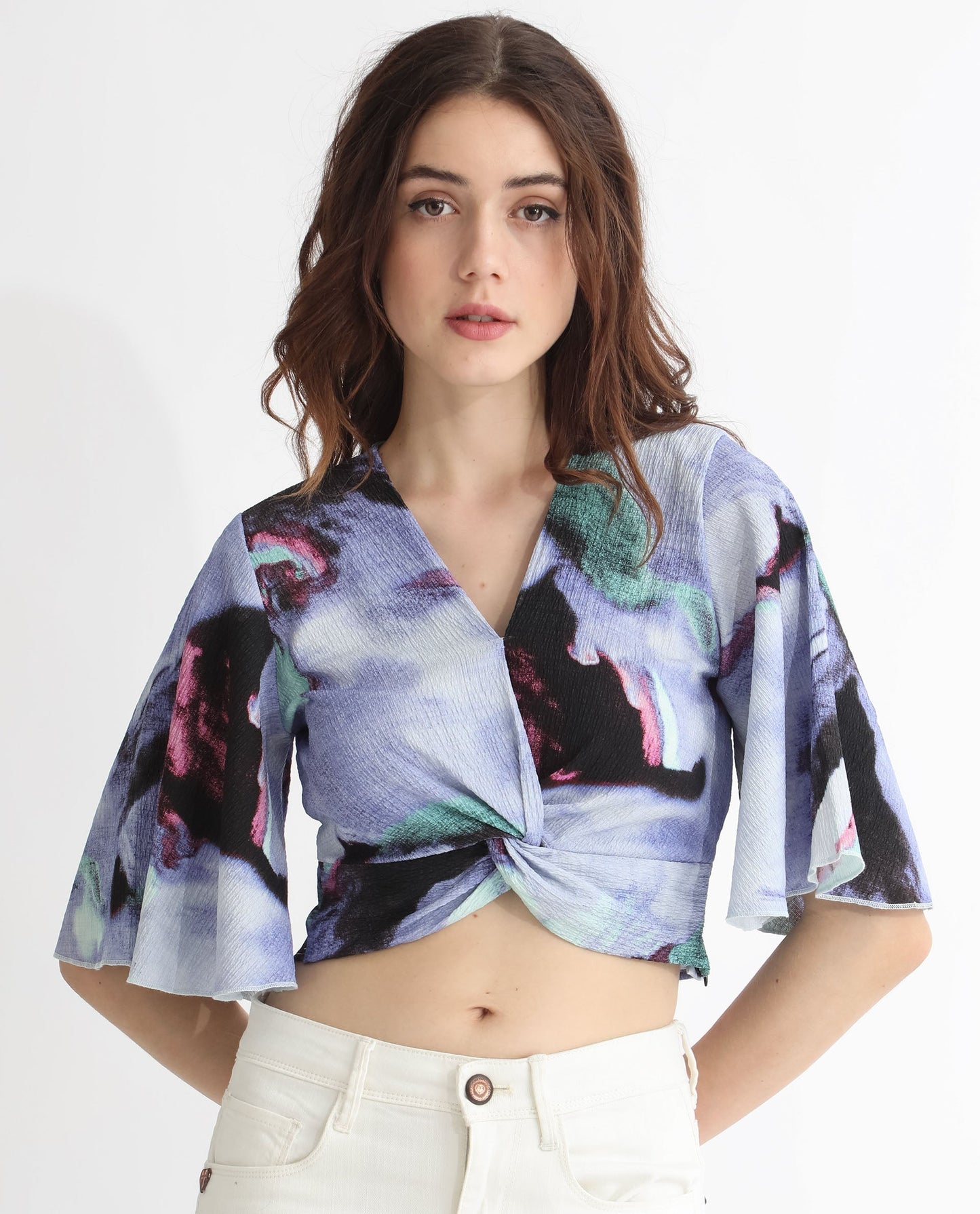 Rareism Women Declan Purple Poly Lycra Fabric Short Sleeves Zip Closure V-Neck Flared Sleeve Regular Fit Abstract Print Cropped Top