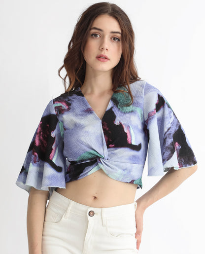 Rareism Women Declan Purple Poly Lycra Fabric Short Sleeves Zip Closure V-Neck Flared Sleeve Regular Fit Abstract Print Cropped Top