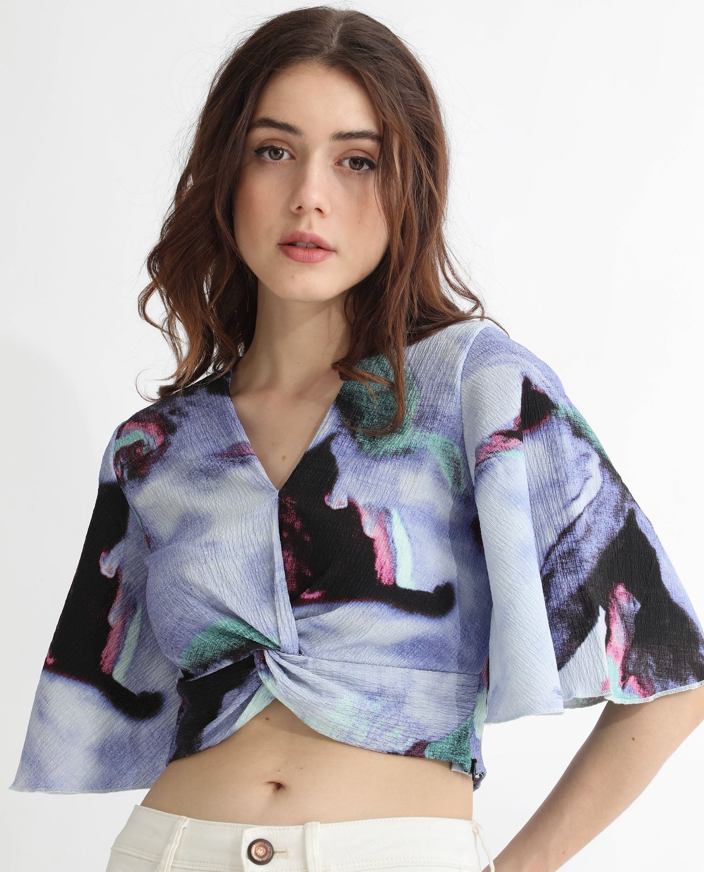 Rareism Women Declan Purple Poly Lycra Fabric Short Sleeves Zip Closure V-Neck Flared Sleeve Regular Fit Abstract Print Cropped Top