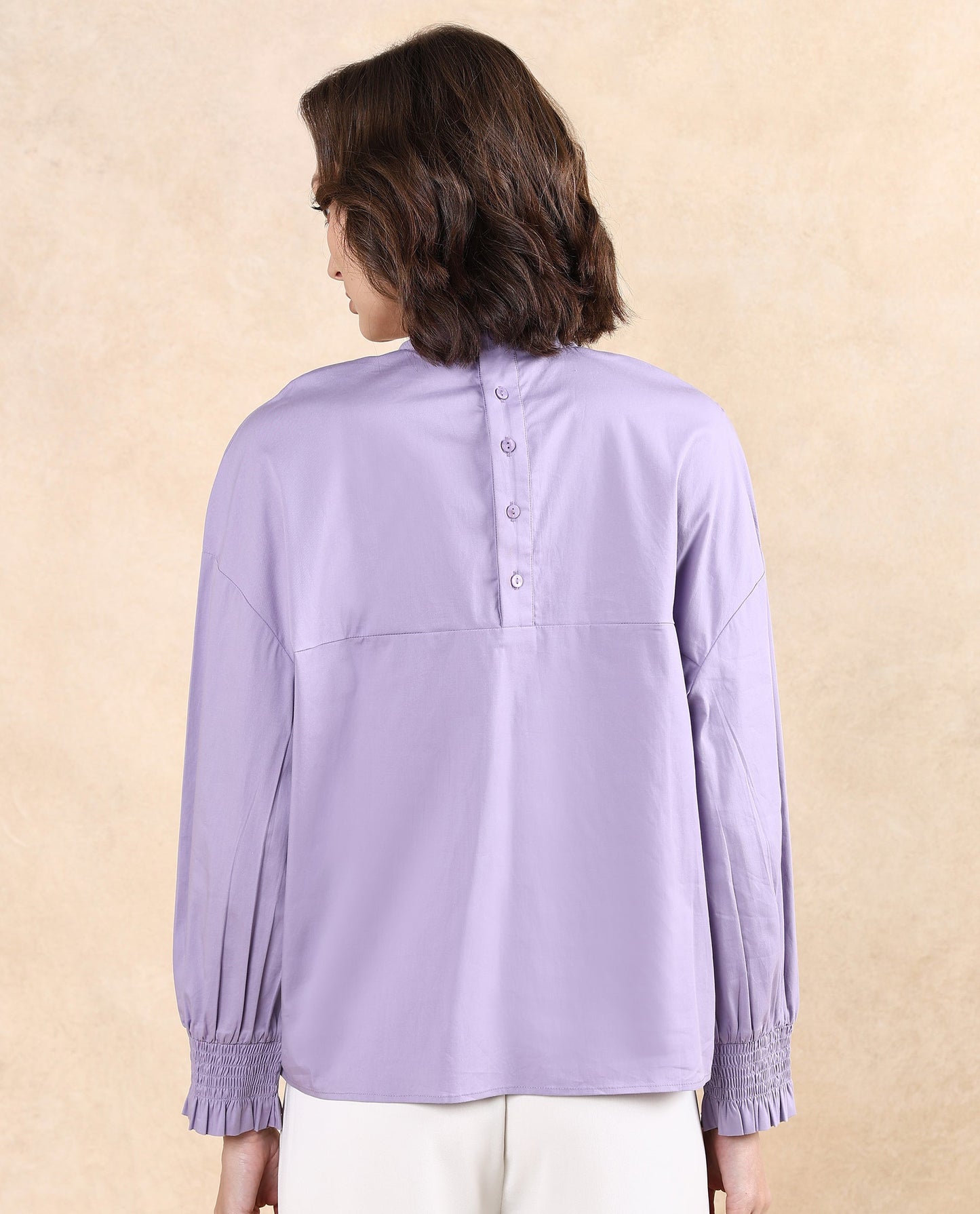 Rareism Women Delpo Dusky Purple Cotton Blend Fabric Bishop Sleeve High Neck Button Closure Relaxed Fit Plain Top