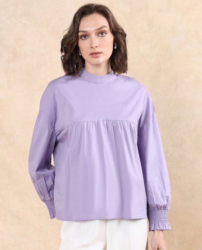 Rareism Women Delpo Dusky Purple Cotton Blend Fabric Bishop Sleeve High Neck Button Closure Relaxed Fit Plain Top