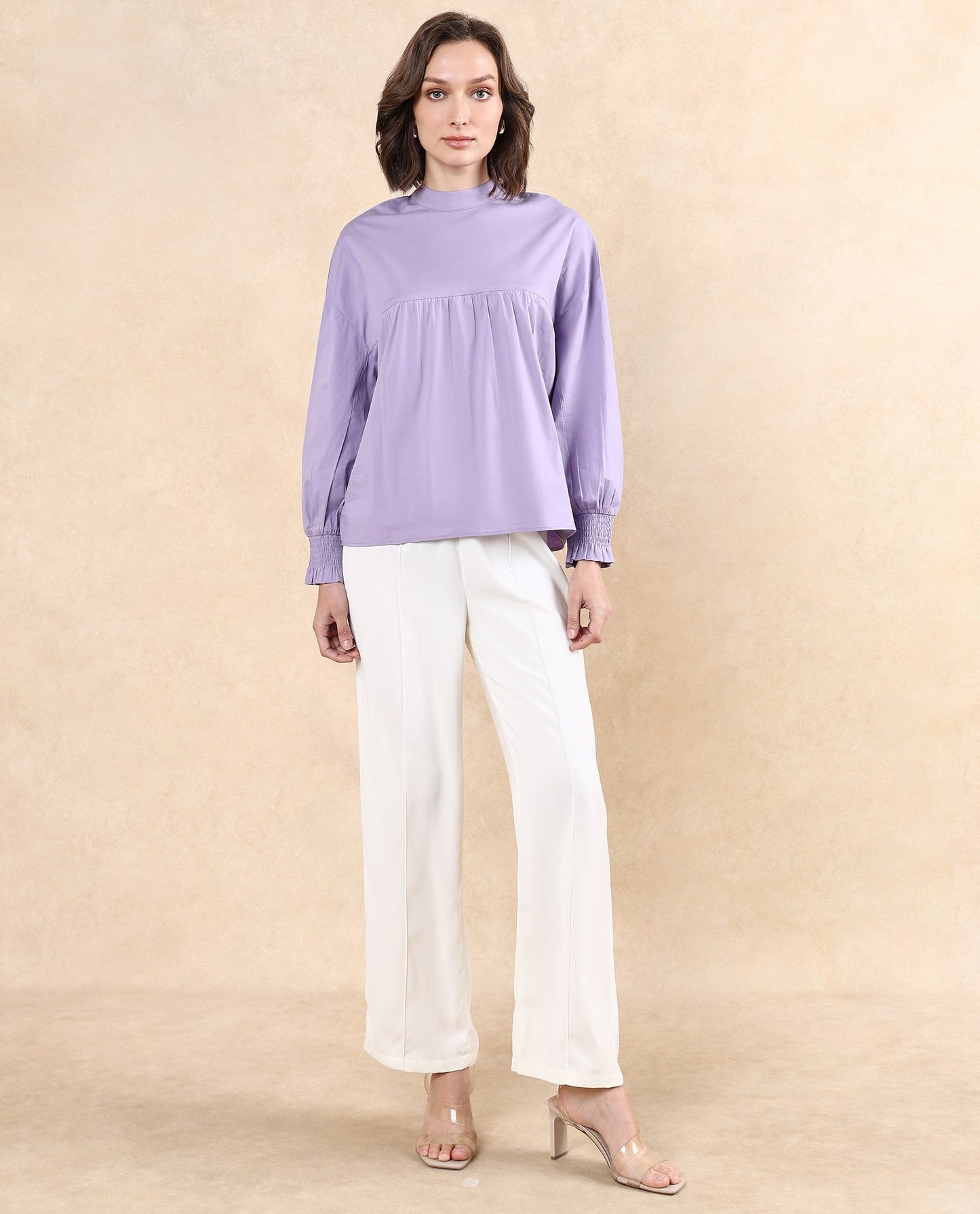 Rareism Women Delpo Dusky Purple Cotton Blend Fabric Bishop Sleeve High Neck Button Closure Relaxed Fit Plain Top