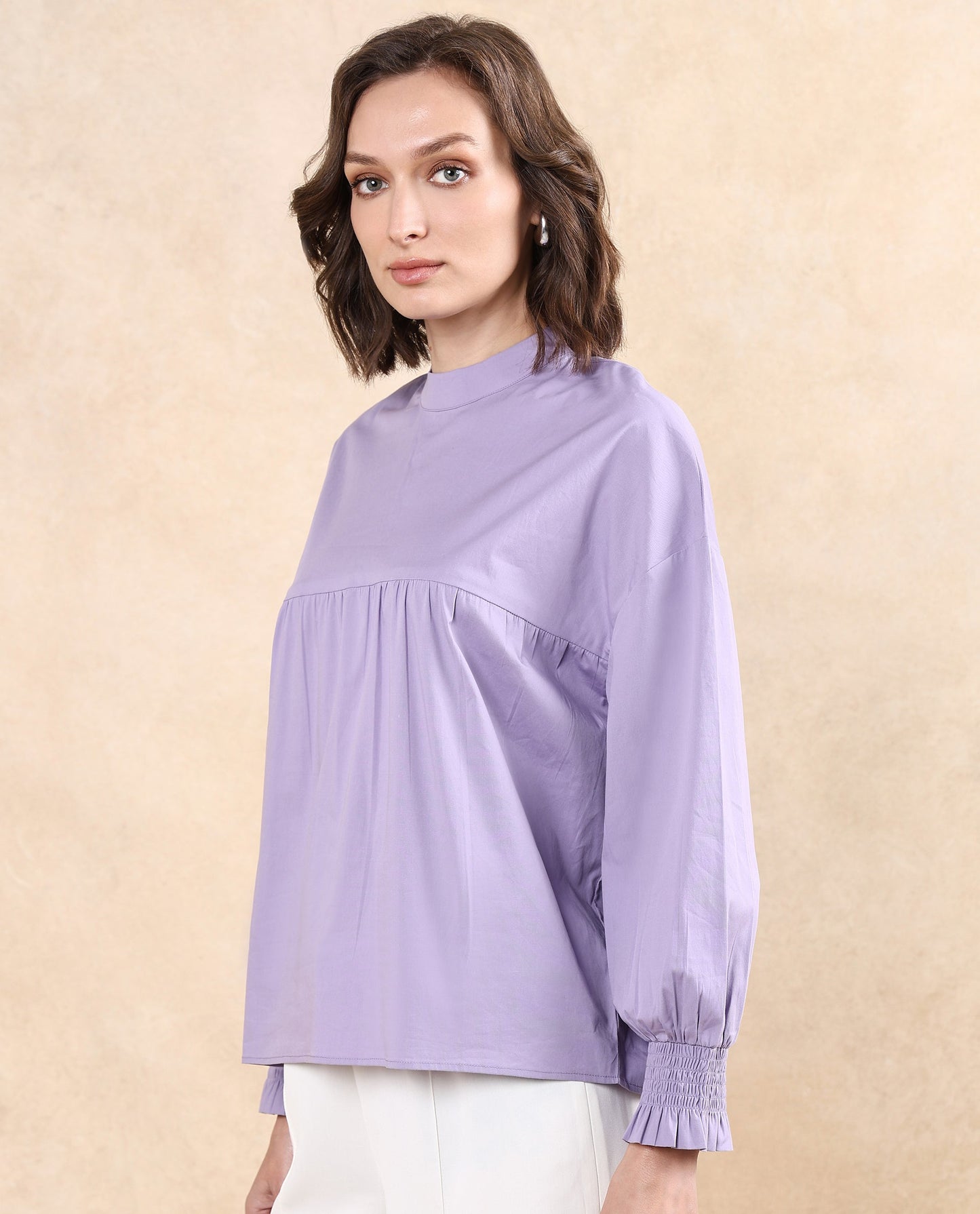 Rareism Women Delpo Dusky Purple Cotton Blend Fabric Bishop Sleeve High Neck Button Closure Relaxed Fit Plain Top