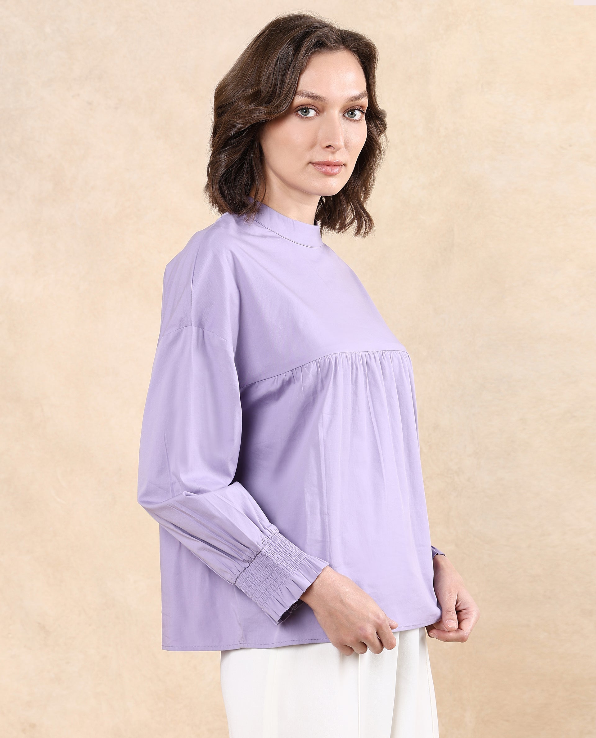 Rareism Women Delpo Dusky Purple Cotton Blend Fabric Bishop Sleeve High Neck Button Closure Relaxed Fit Plain Top