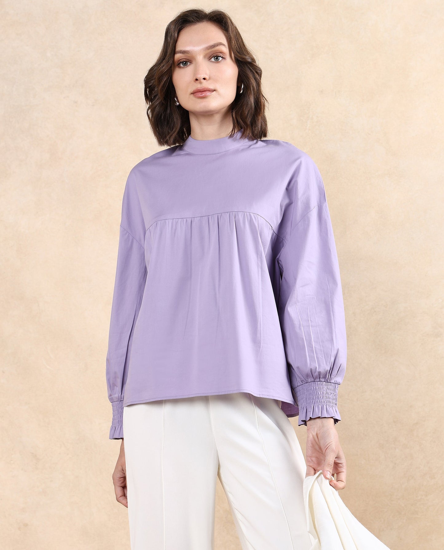 Rareism Women Delpo Dusky Purple Cotton Blend Fabric Bishop Sleeve High Neck Button Closure Relaxed Fit Plain Top