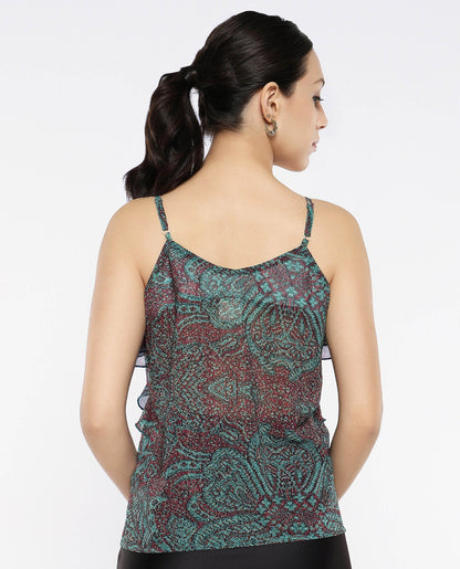 Rareism Women Difi Dark Maroon Polyester Fabric Sleeveless V-Neck Abstract Print Top