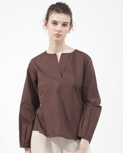 Rareism Women Dione Brown Cotton Fabric Full Sleeve Mandarin Collar Solid Regular Fit Top