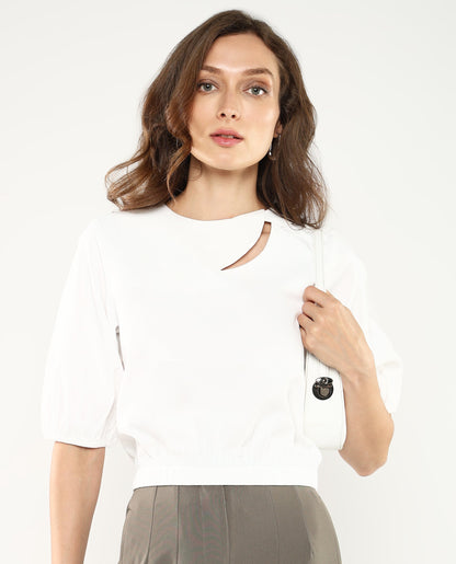 Rareism Women Dionysus White Poly Blend Fabric Short Sleeve Crew Neck Button Closure Cropped Plain Top