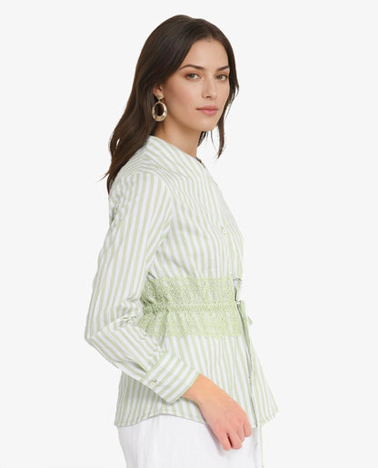 Rareism Women Dooze Light Green Cuffed Sleeve V-Neck Button Narrow Stripes Top