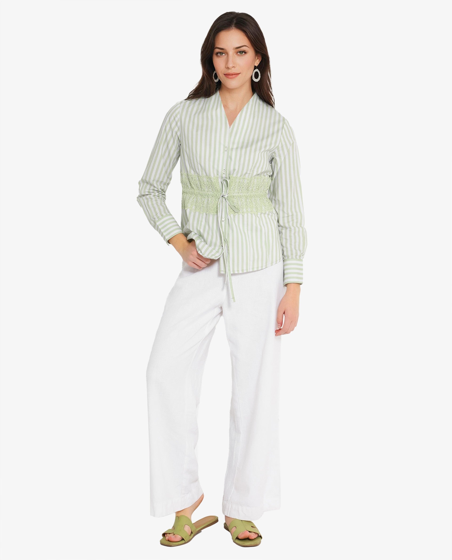 Rareism Women Dooze Light Green Cuffed Sleeve V-Neck Button Narrow Stripes Top