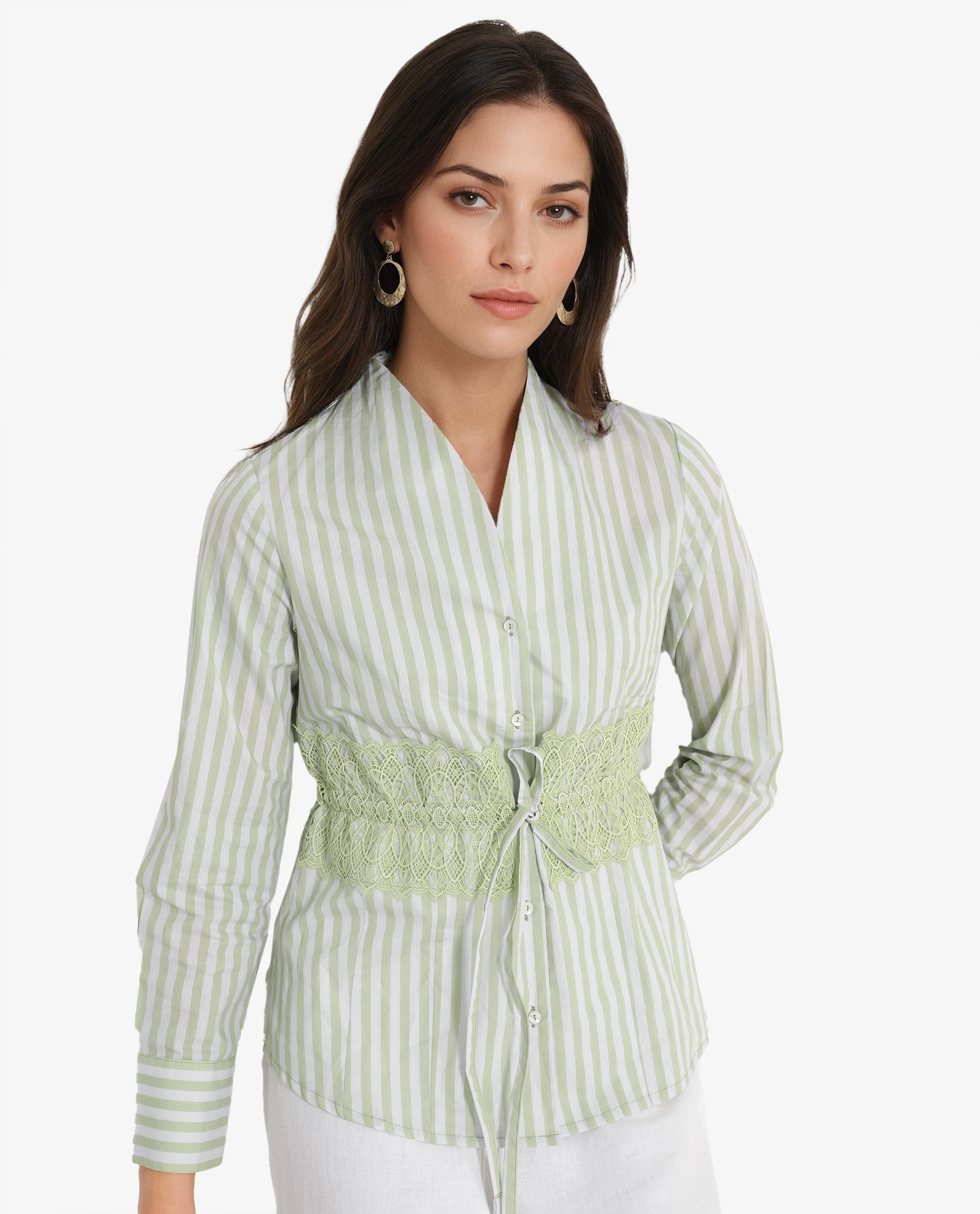 Rareism Women Dooze Light Green Cuffed Sleeve V-Neck Button Narrow Stripes Top