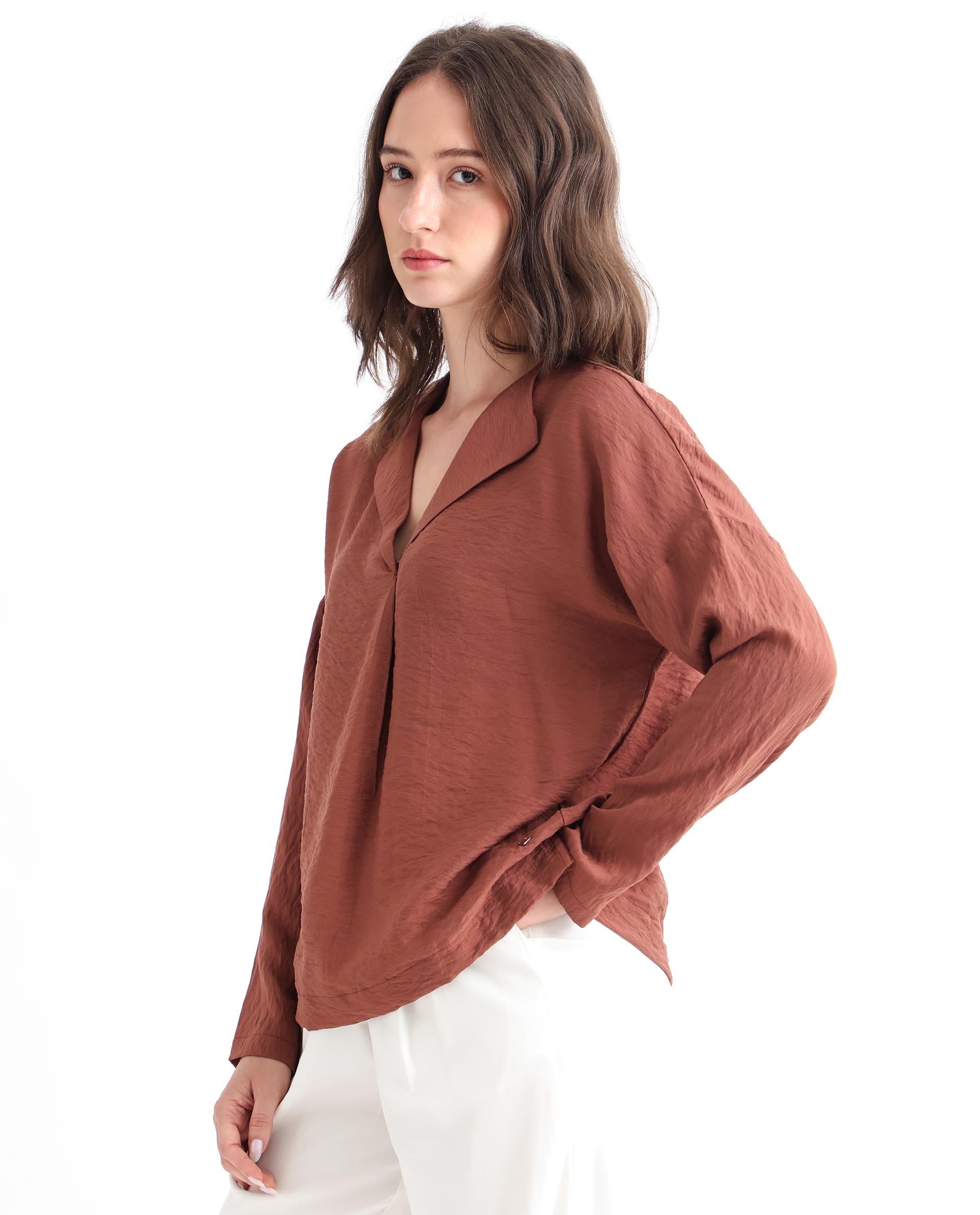 Rareism Women Drap Brown Viscose Nylon Fabric Full Sleeves Lapel Neck Relaxed Fit Plain Knee Length Top