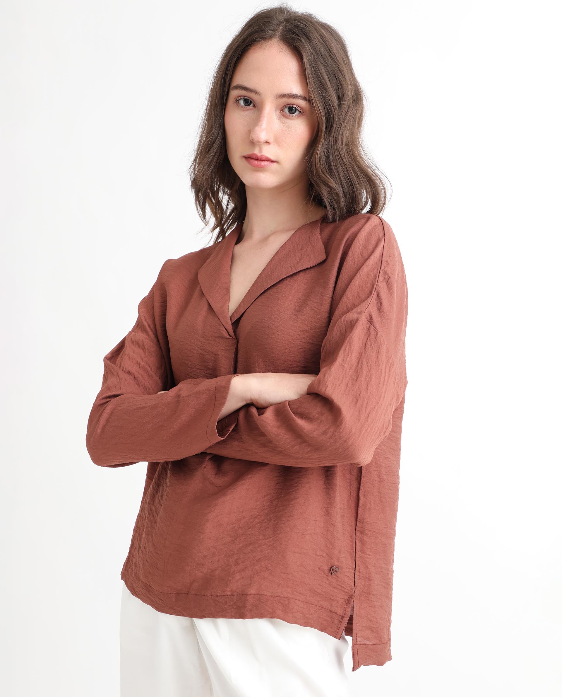 Rareism Women Drap Brown Viscose Nylon Fabric Full Sleeves Lapel Neck Relaxed Fit Plain Knee Length Top