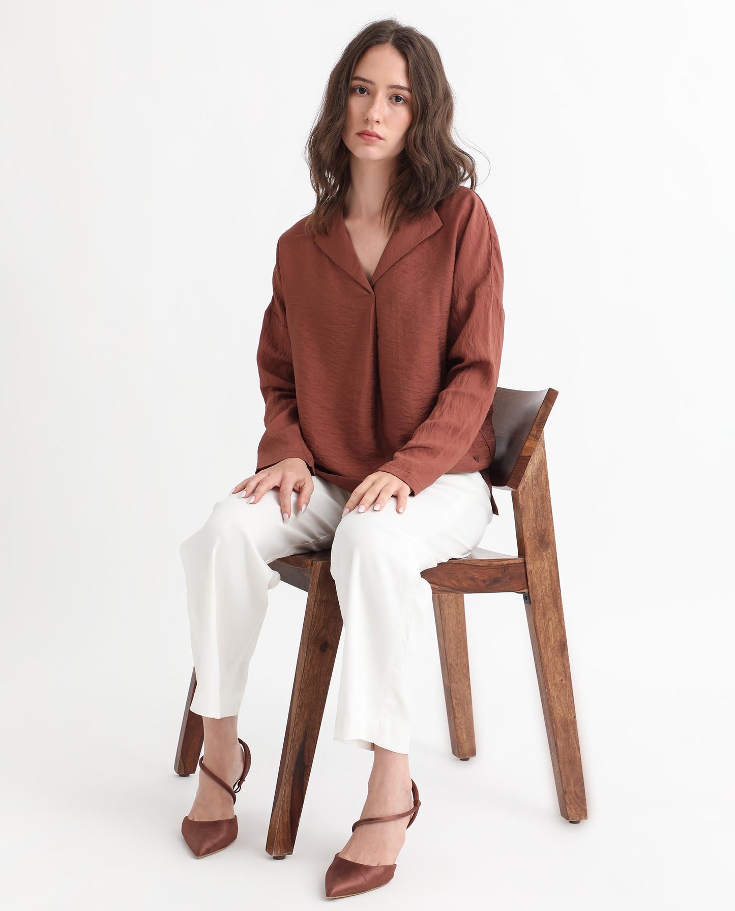 Rareism Women Drap Brown Viscose Nylon Fabric Full Sleeves Lapel Neck Relaxed Fit Plain Knee Length Top