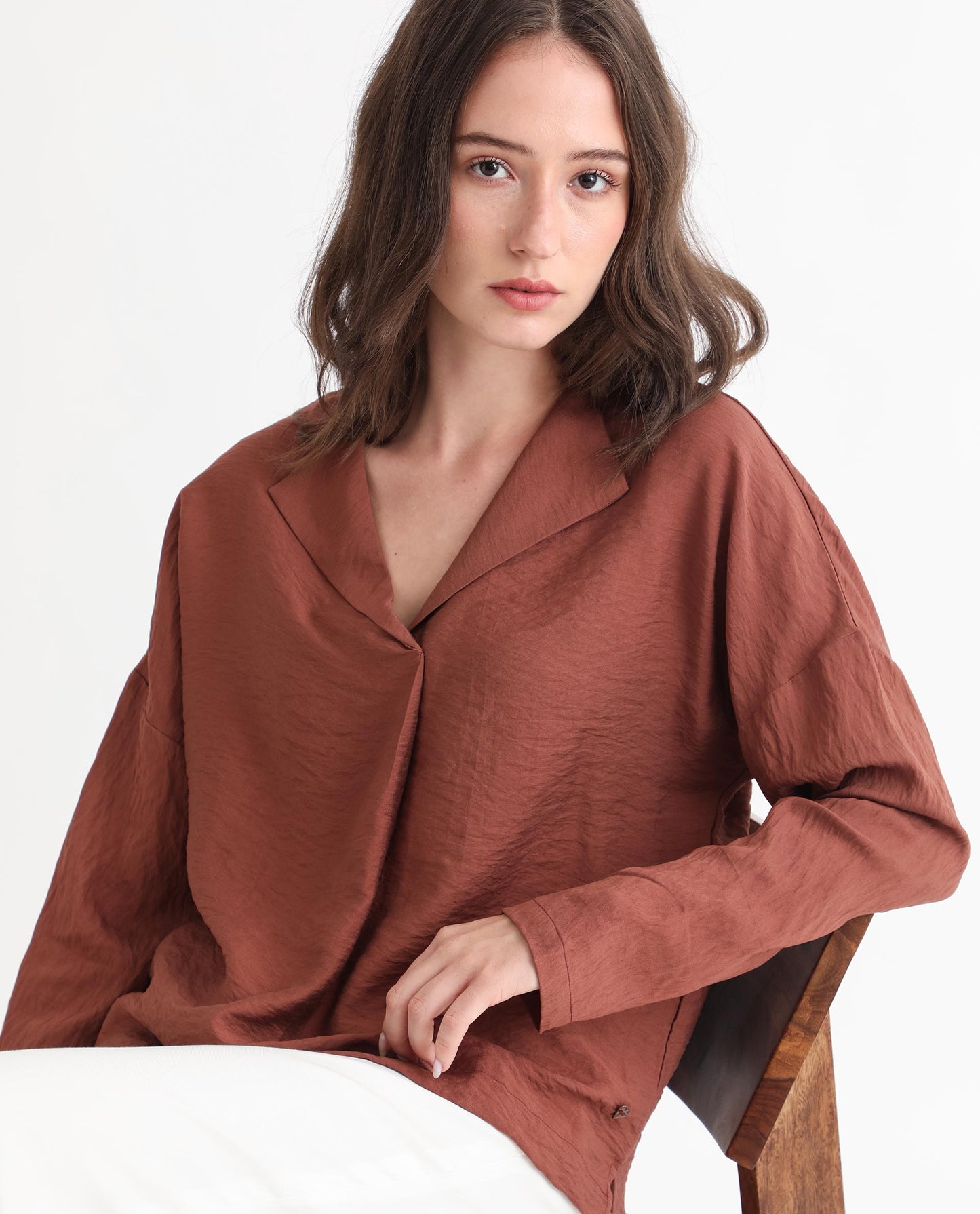 Rareism Women Drap Brown Viscose Nylon Fabric Full Sleeves Lapel Neck Relaxed Fit Plain Knee Length Top