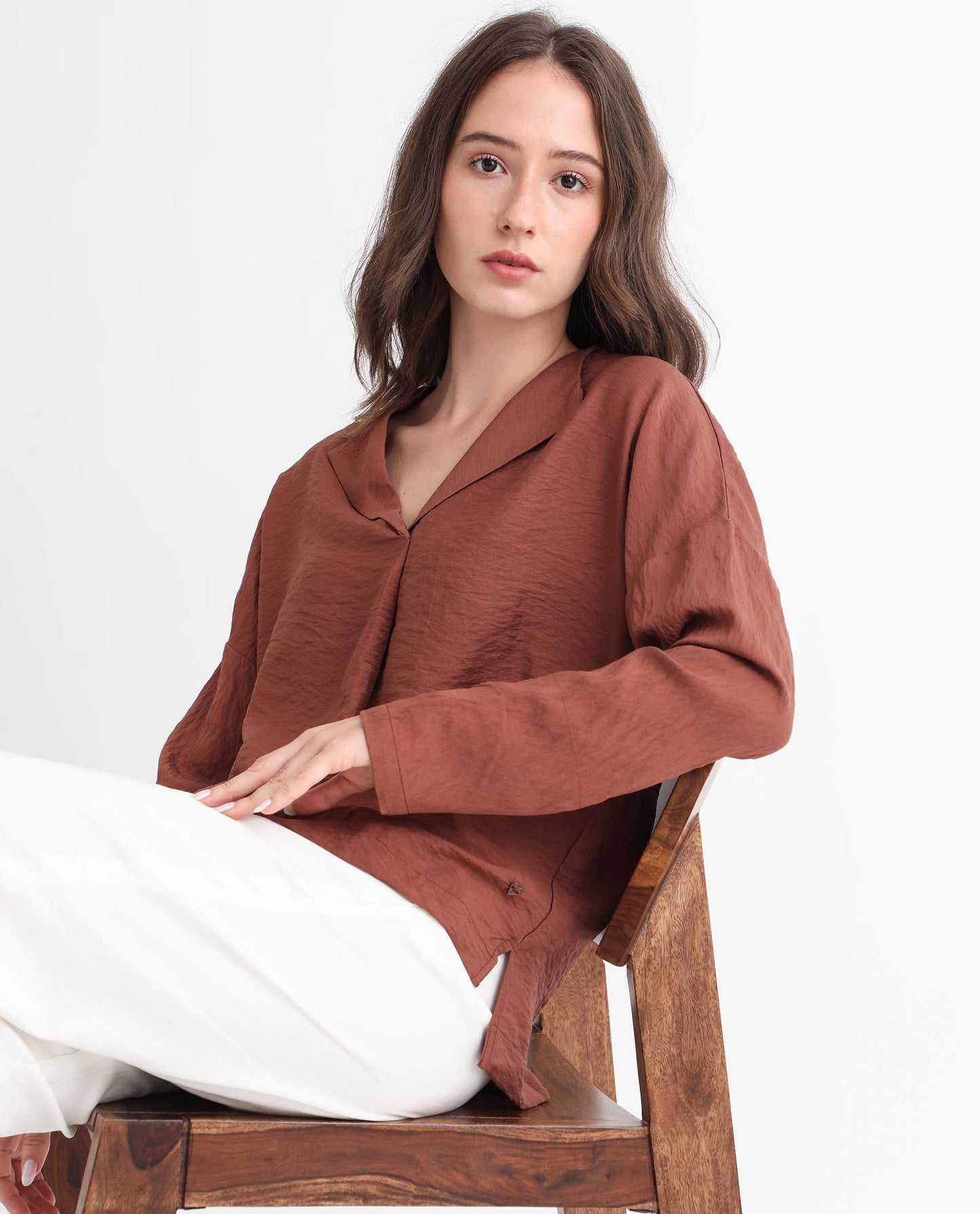 Rareism Women Drap Brown Viscose Nylon Fabric Full Sleeves Lapel Neck Relaxed Fit Plain Knee Length Top