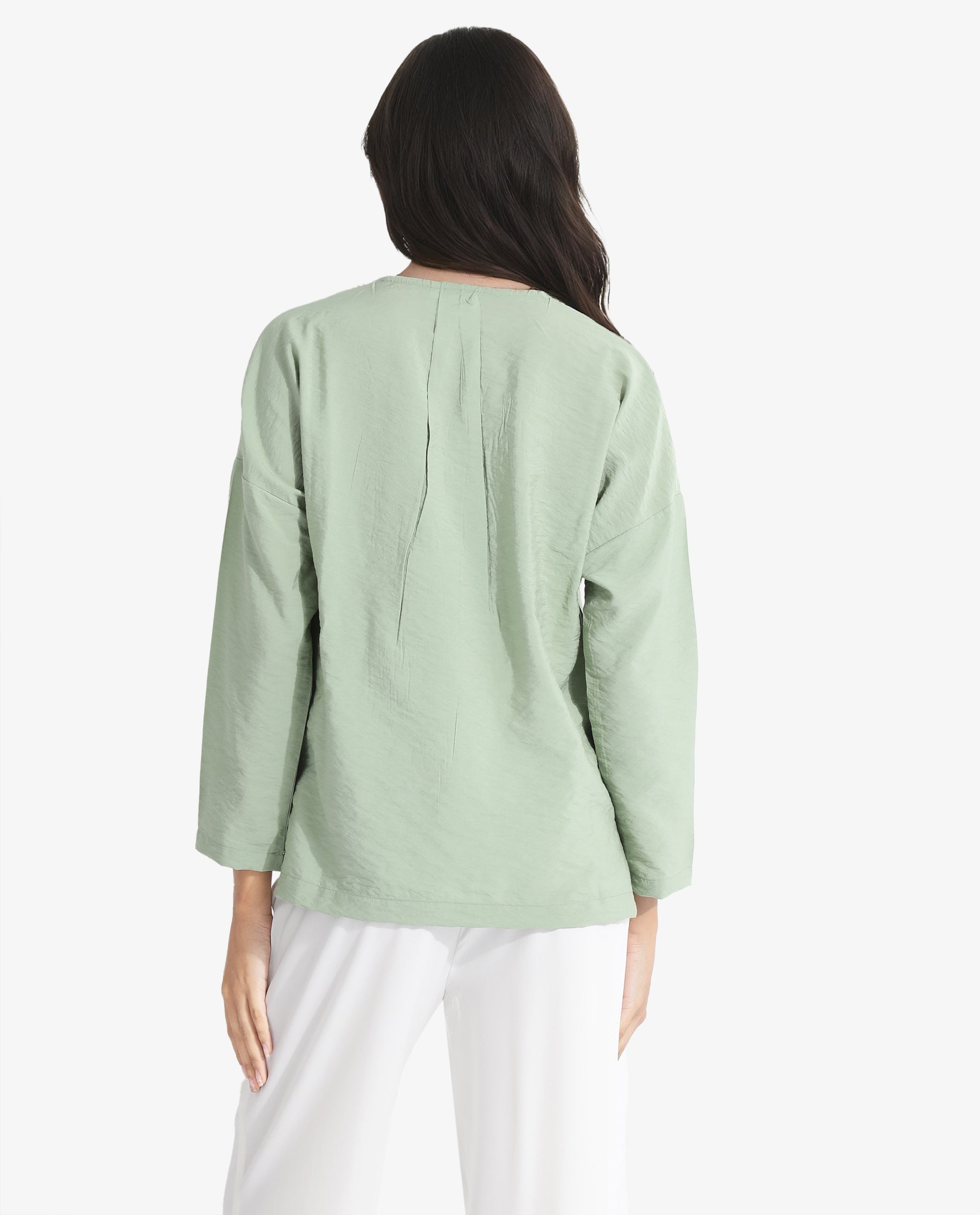 Rareism Women Drap Green Full Sleeve Lapel Collar Relaxed Fit Plain Top