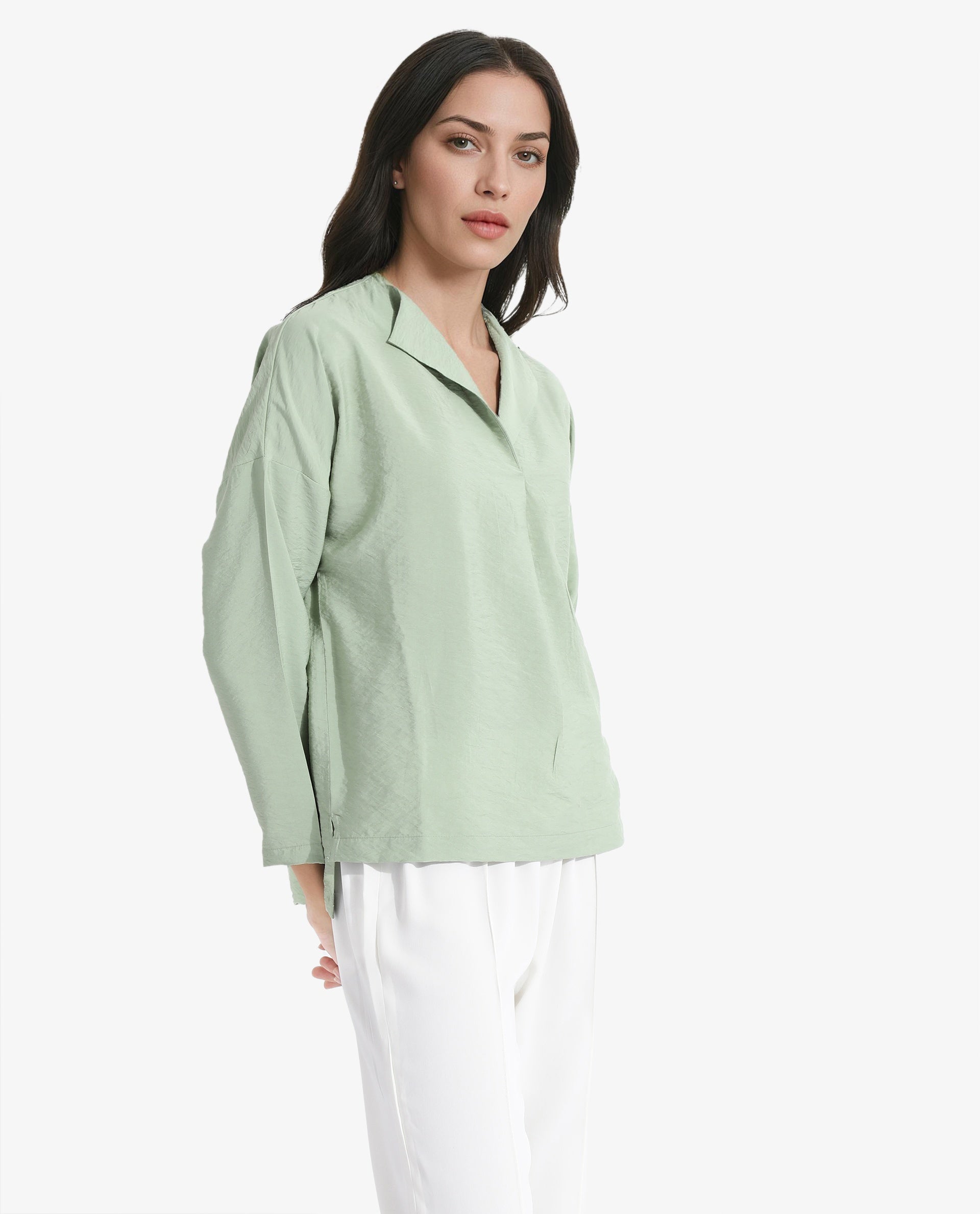 Rareism Women Drap Green Full Sleeve Lapel Collar Relaxed Fit Plain Top