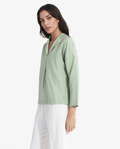 Rareism Women Drap Green Full Sleeve Lapel Collar Relaxed Fit Plain Top