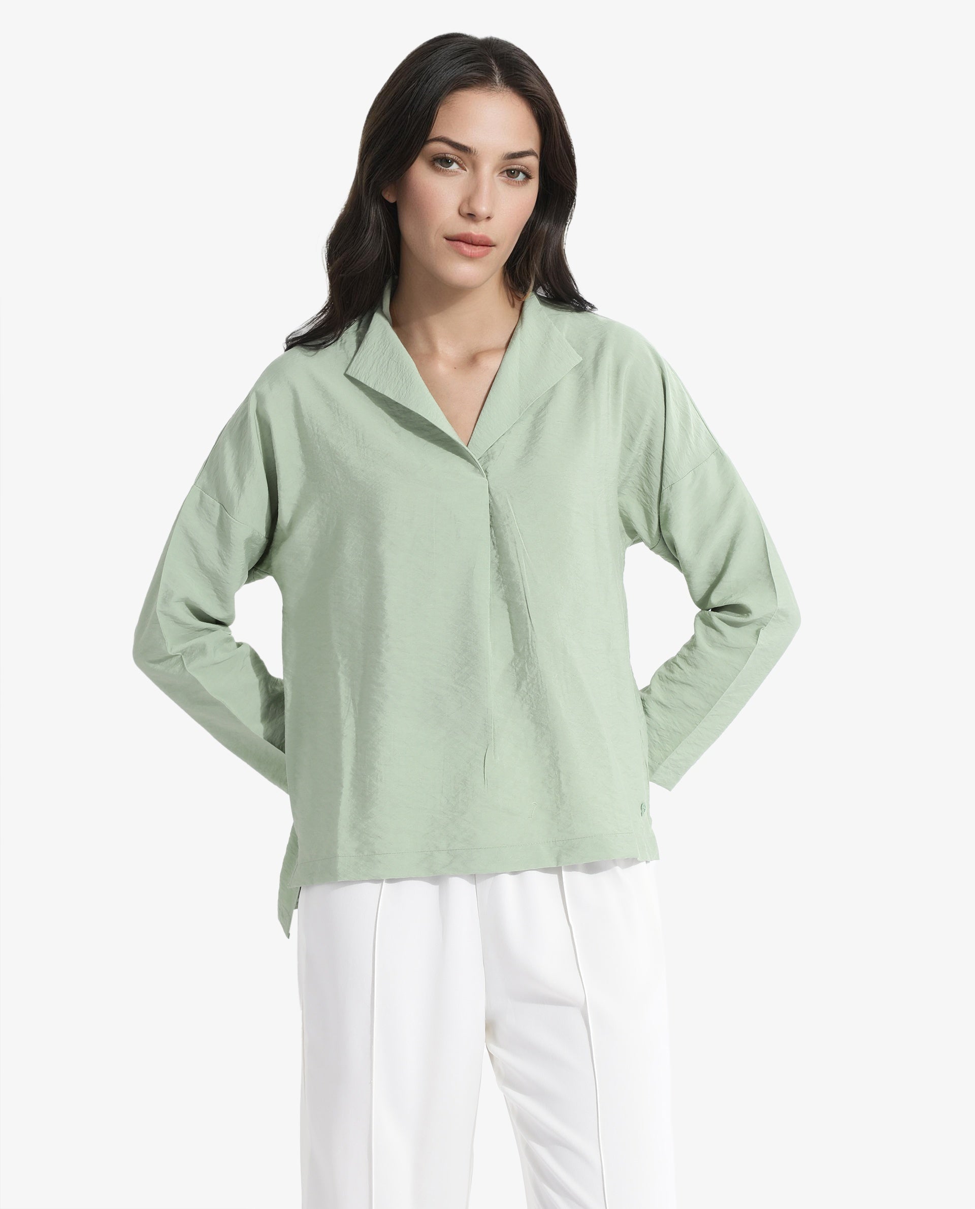 Rareism Women Drap Green Full Sleeve Lapel Collar Relaxed Fit Plain Top