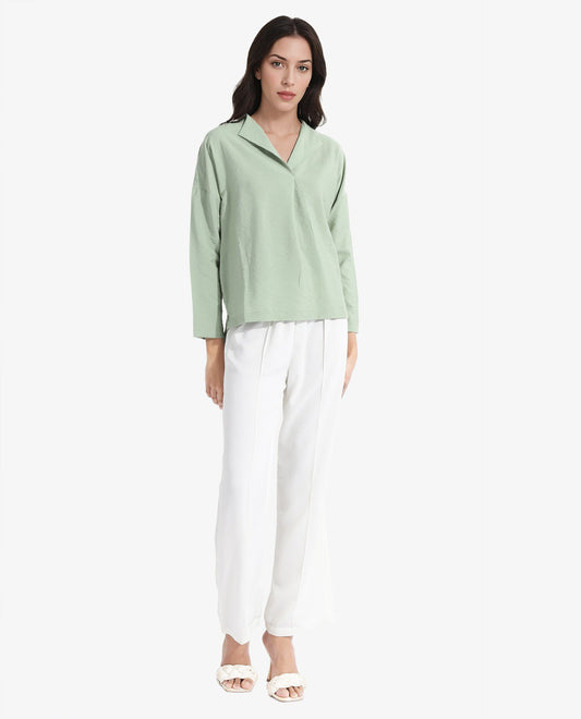 Rareism Women Drap Green Full Sleeve Lapel Collar Relaxed Fit Plain Top