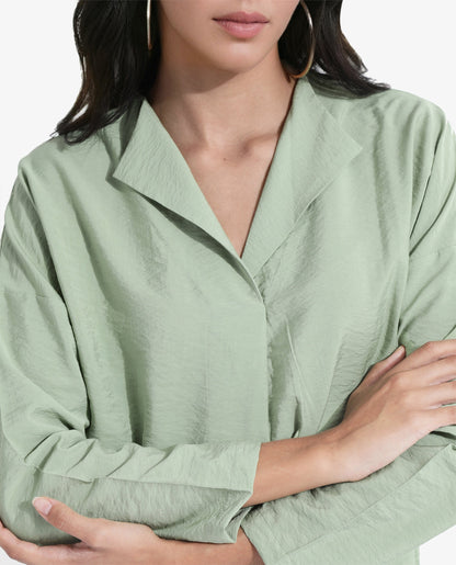 Rareism Women Drap Green Full Sleeve Lapel Collar Relaxed Fit Plain Top