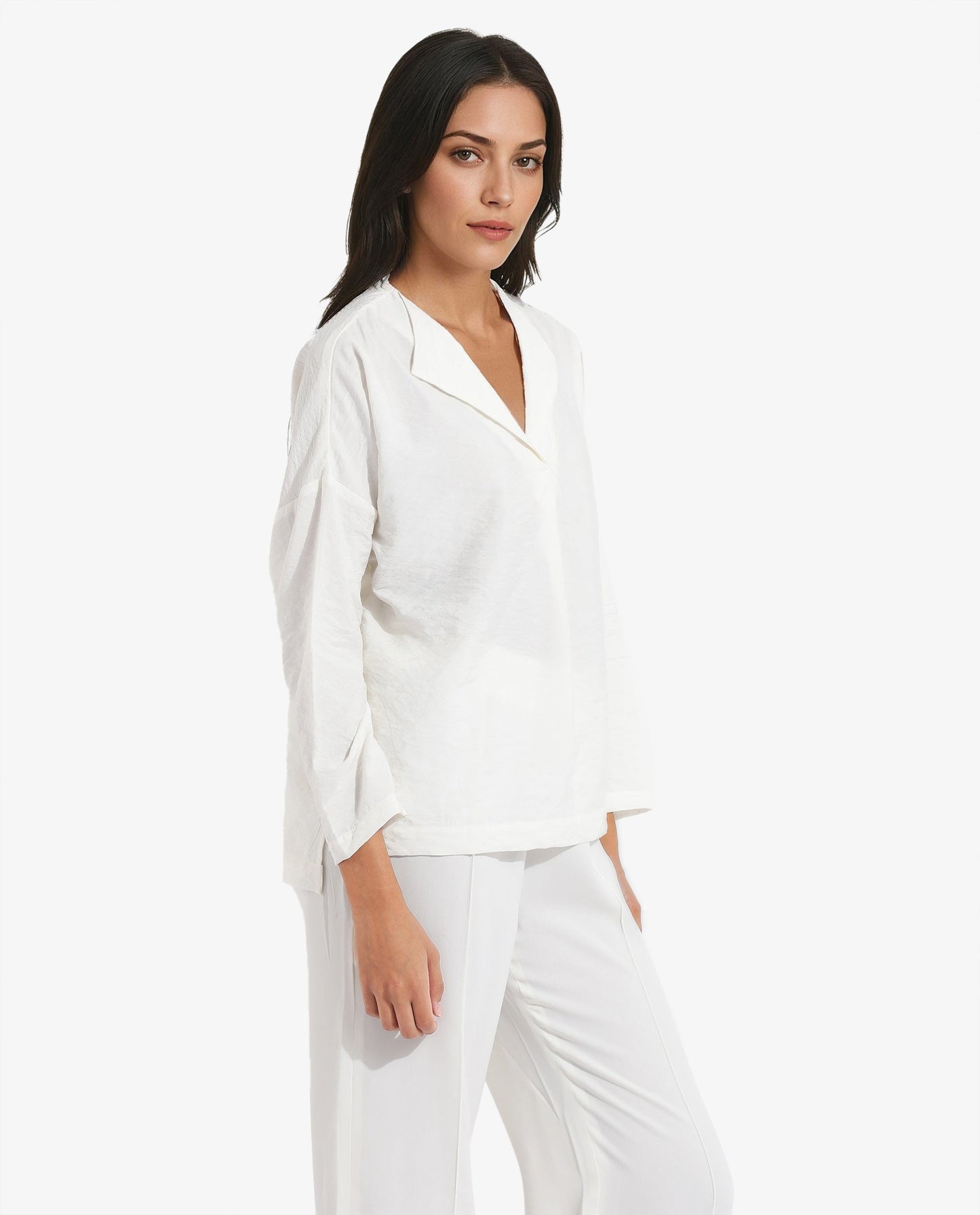 Rareism Women Drap Off White Full Sleeve Lapel Collar Relaxed Fit Plain Top