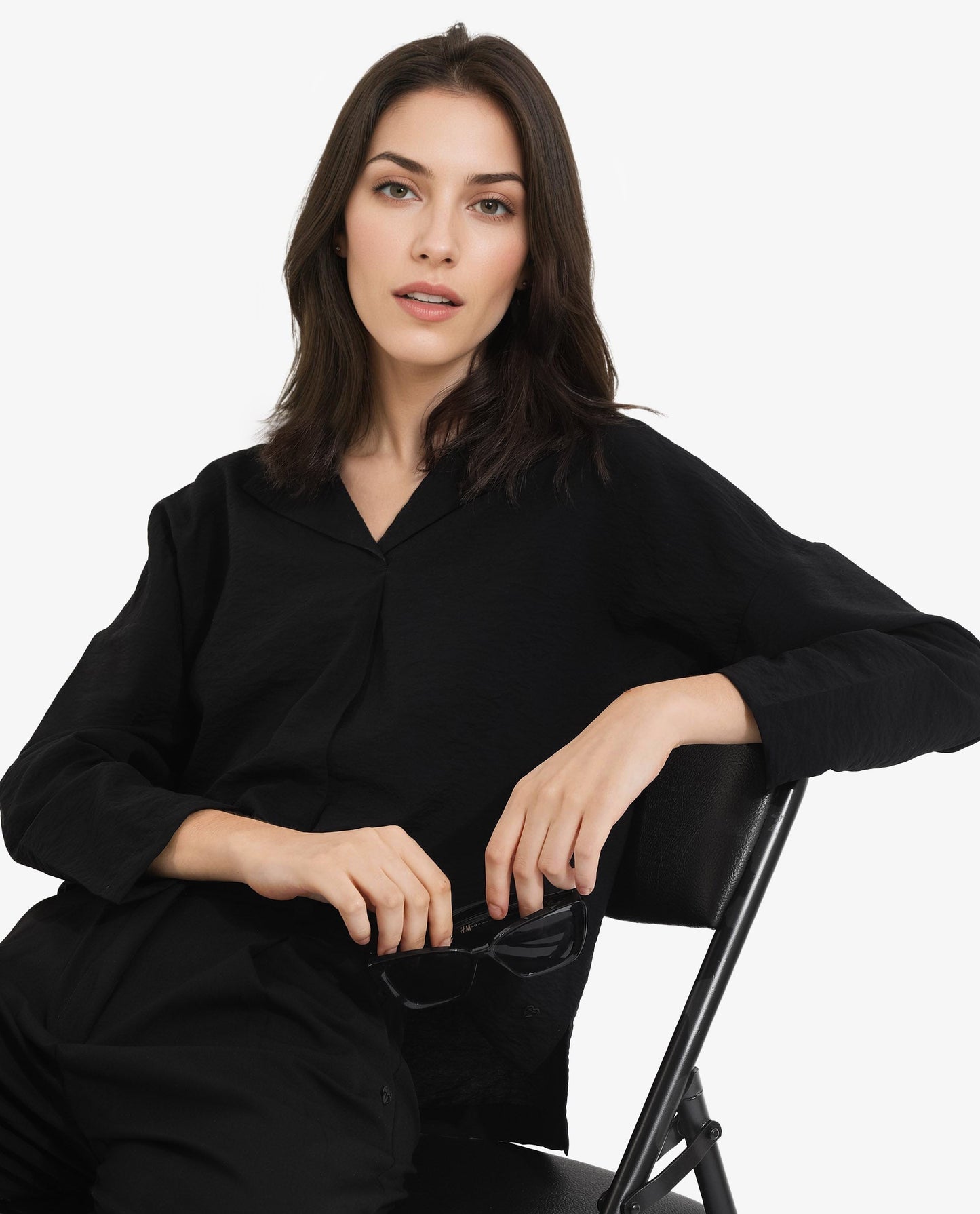 Rareism Women Drap Black Full Sleeve Lapel Collar Relaxed Fit Plain Top